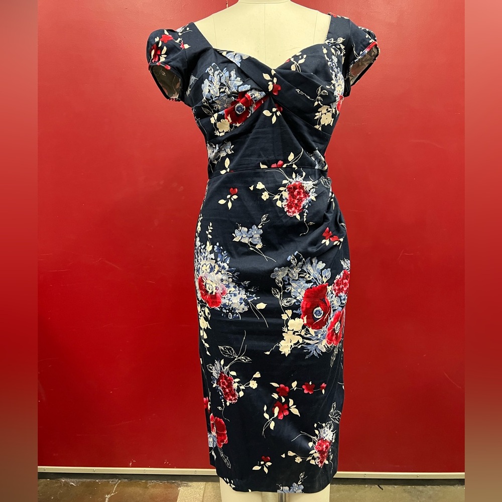 Stop Staring Navy Floral Midi Dress with Red and Cream Blooms